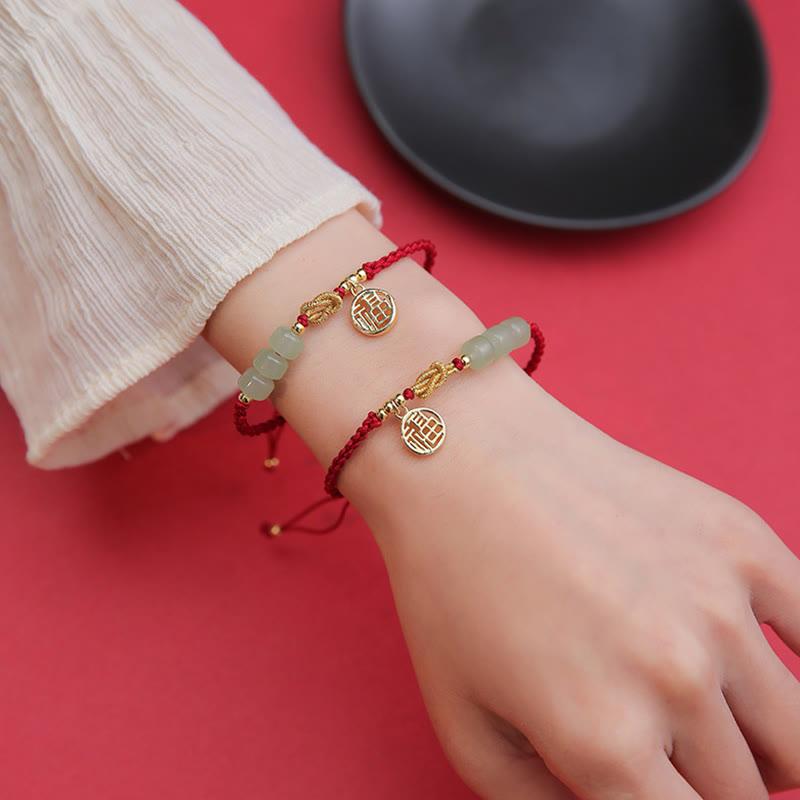 Handcrafted Jade Bead Fu Character Charm Luck Red Rope Bracelet - Image 7