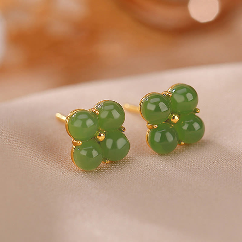 925 Sterling Silver Plated Gold Natural Cyan Jade Four Leaf Clover Luck Stud Earrings - Image 4