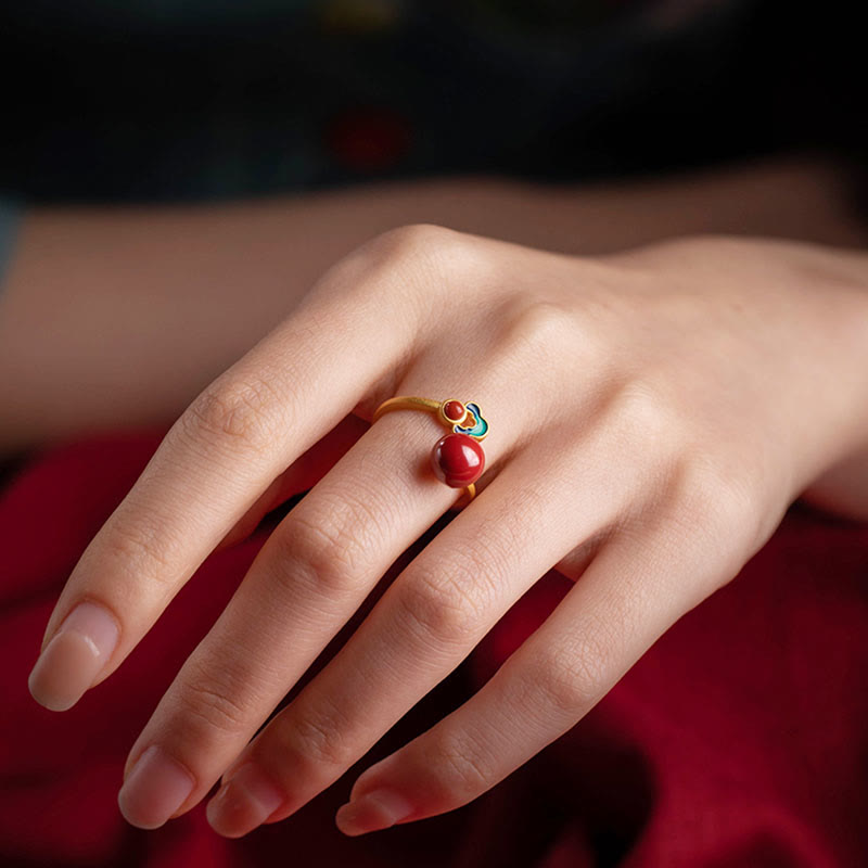 925 Sterling Silver Plated Gold Cinnabar Red Agate Blessing Necklace Pendant Earrings Ring Set - Image 13