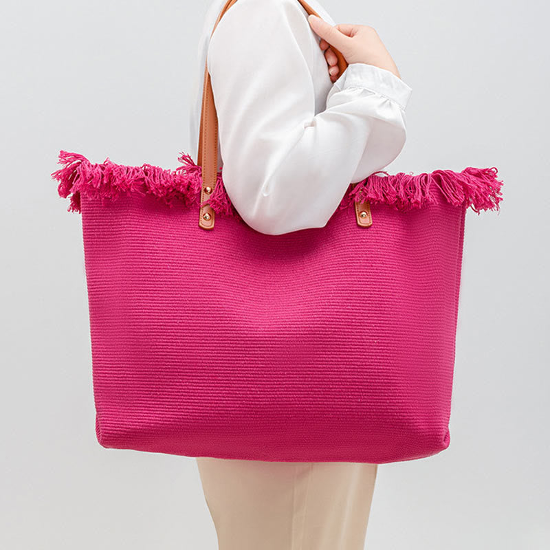 Large Capacity Solid Color Tassel Canvas Tote Shoulder Bag - Image 10