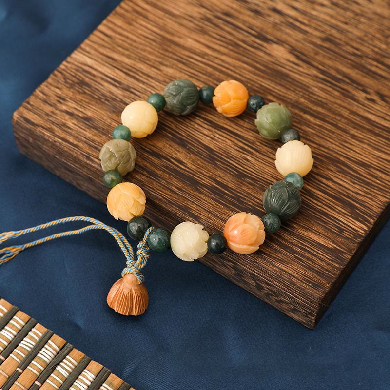 Bodhi Seed Lotus Bead Engraved Moss Agate Peace Calm Bracelet