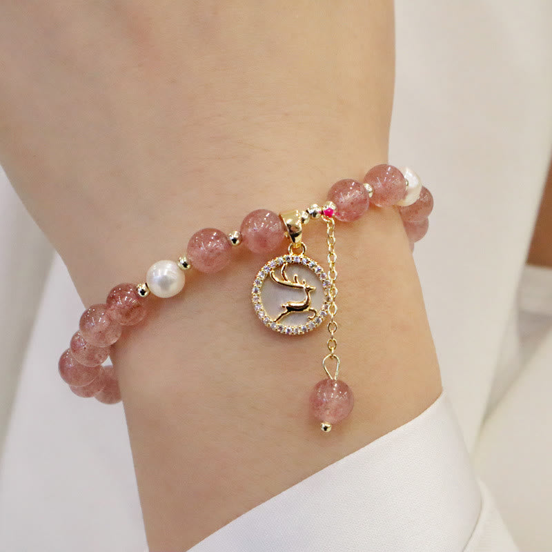 Strawberry Quartz Pearl Elk Smiley Face Fishtail Fu Character Charm Healing Bracelet
