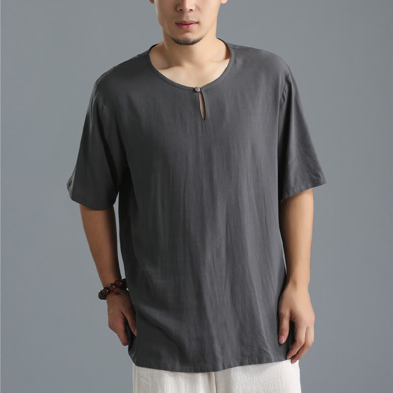Men's Solid Color Round Neck Short Sleeve Cotton Linen Shirt - Image 3