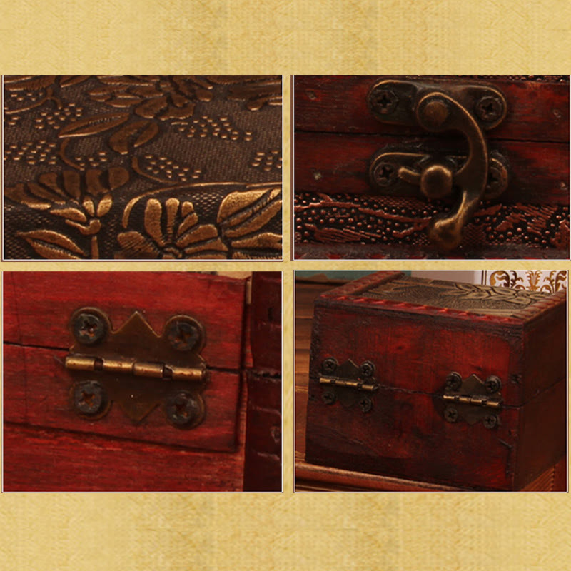 Retro Small Square Wood Jewelry Box Lotus Grass Flower Grape Copper Coin Daffodil Jewelry Storage Box - Image 27