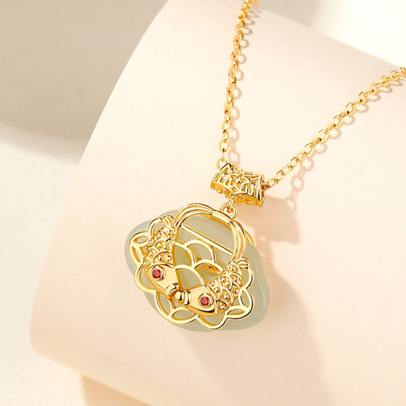 925 Sterling Silver Natural Hetian Jade Koi Fish Wealth Necklace Pendant - Image 4