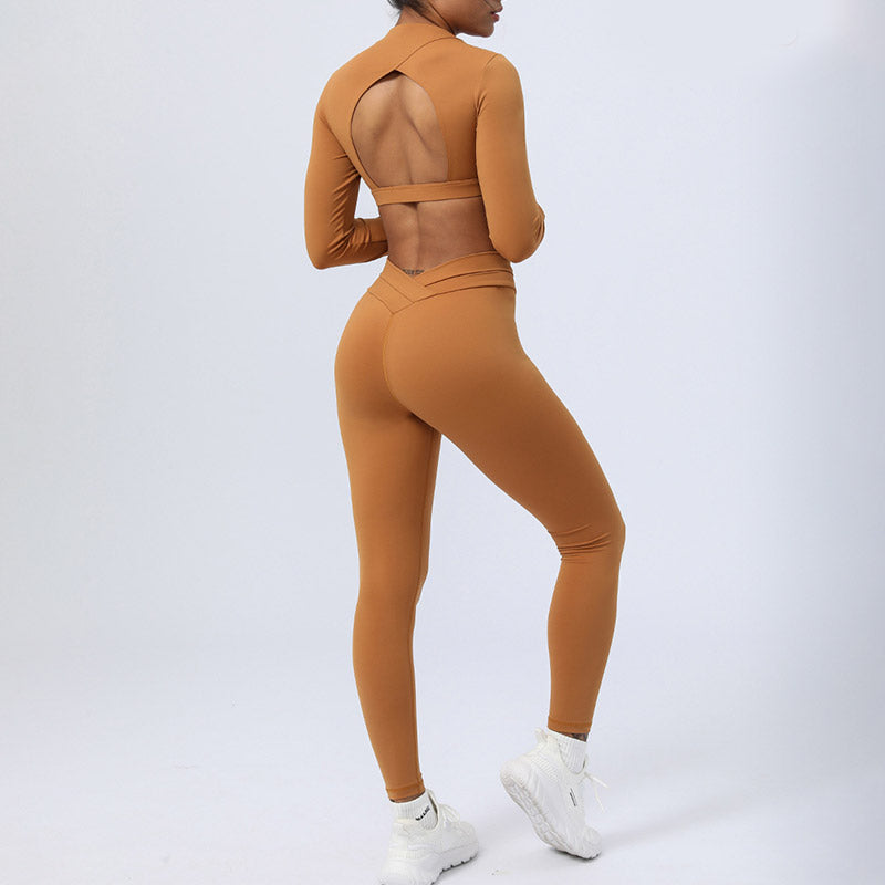 2Pcs Long Sleeve Backless Top Bra Leggings Pants Fitness Yoga Outfit Set - Image 3