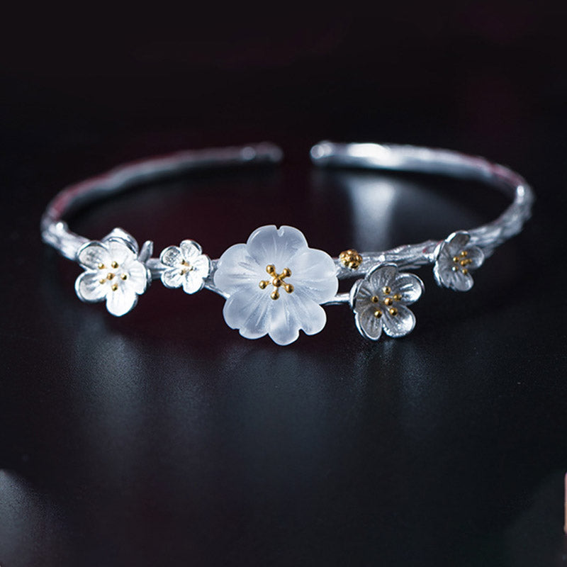 925 Sterling Silver Plum Flower Blessing Bracelet Adjustable Bangle