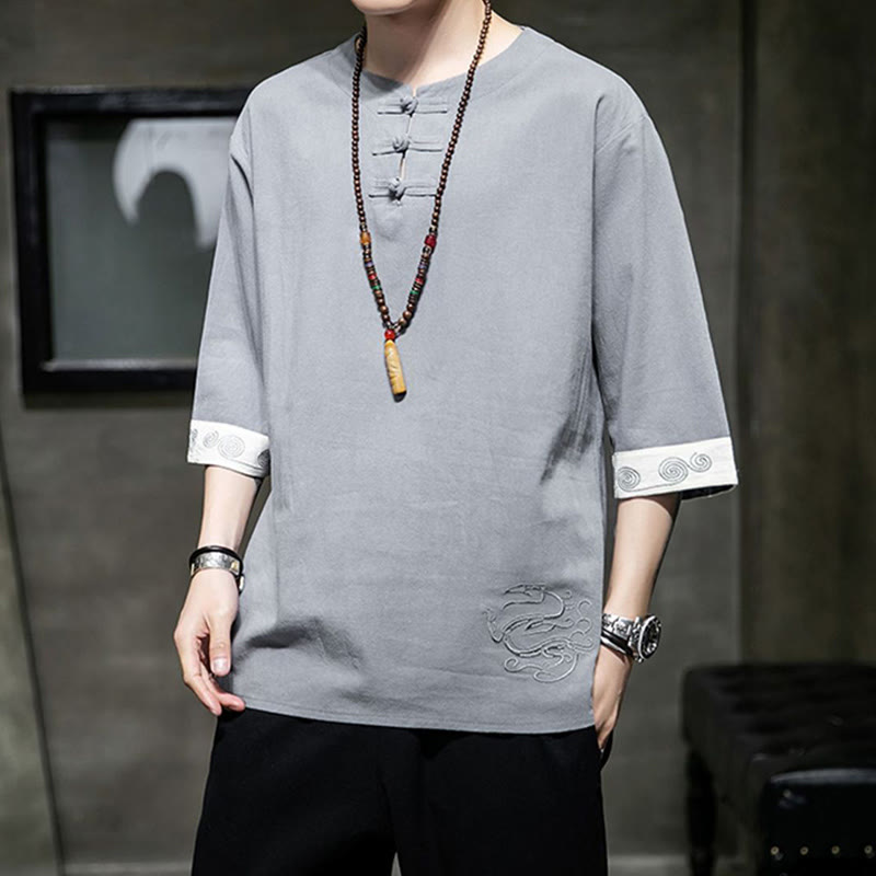 Frog-Button Dragon Embroidery Chinese Tang Suit Three Quarter Sleeve Shirt Cotton Linen Men Clothing - Image 14