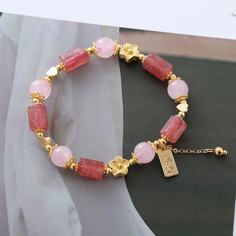 Strawberry Quartz Pink Crystal Love Heart Flower Positive Bracelet
