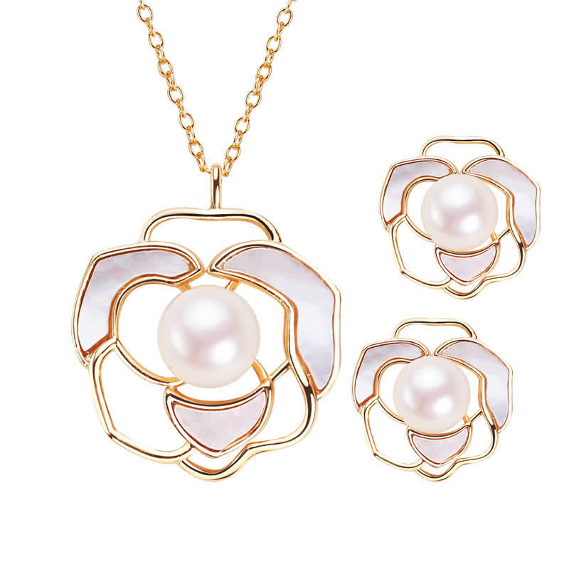 925 Sterling Silver Pearl Camellia Pattern Happiness Necklace Pendant Earrings - Image 5