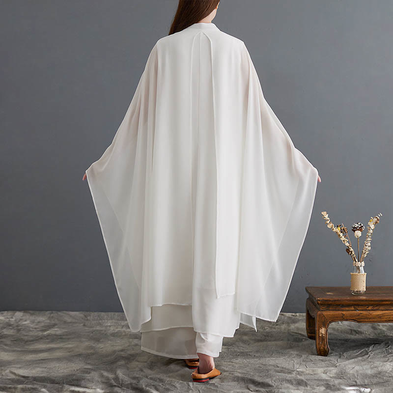 2Pcs Frog-Button Long Sleeve Midi Dress Wide Leg Pants Chiffon Zen Women's Set - Image 3