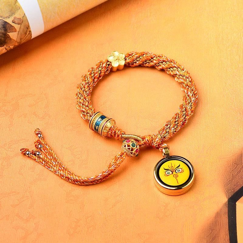 Tibet Handmade Five God Of Wealth Luck Thangka Amulet Prayer Wheel Flower Charm Weave String Bracelet - Image 3