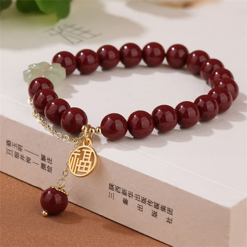 Cinnabar Fu Character Hetian Jade Lucky Four Leaf Clover Blessing Bracelet - Image 4