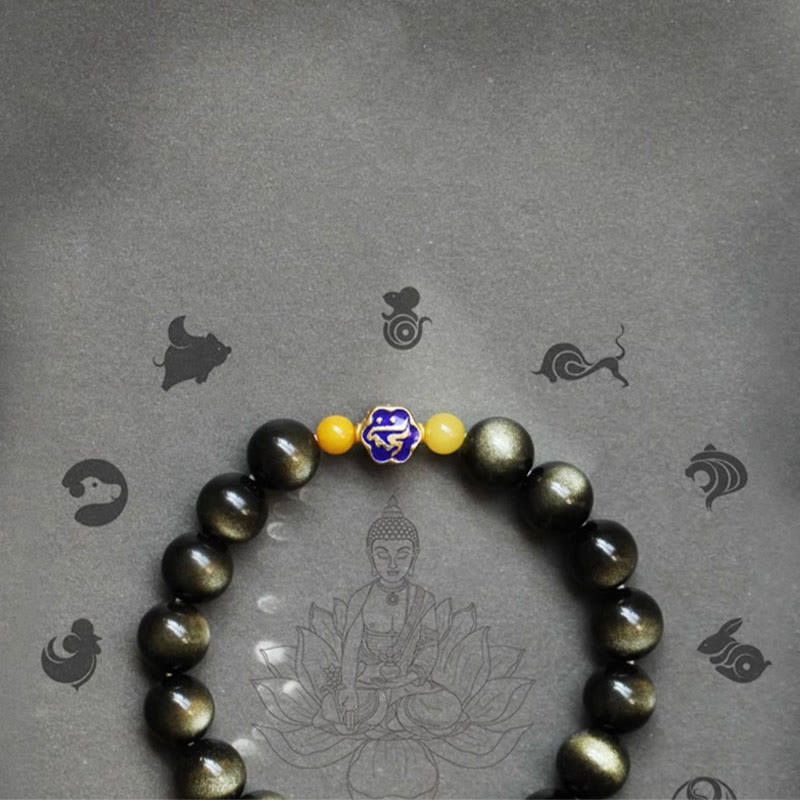 925 Sterling Silver Chinese Zodiac Natal Buddha Natural Gold Sheen Obsidian Amber Wealth Protection Bracelet - Image 19