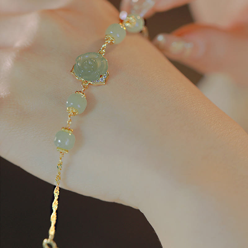 14K Gold Plated Hetian Jade Rose Flower Luck Chain Bracelet - Image 3