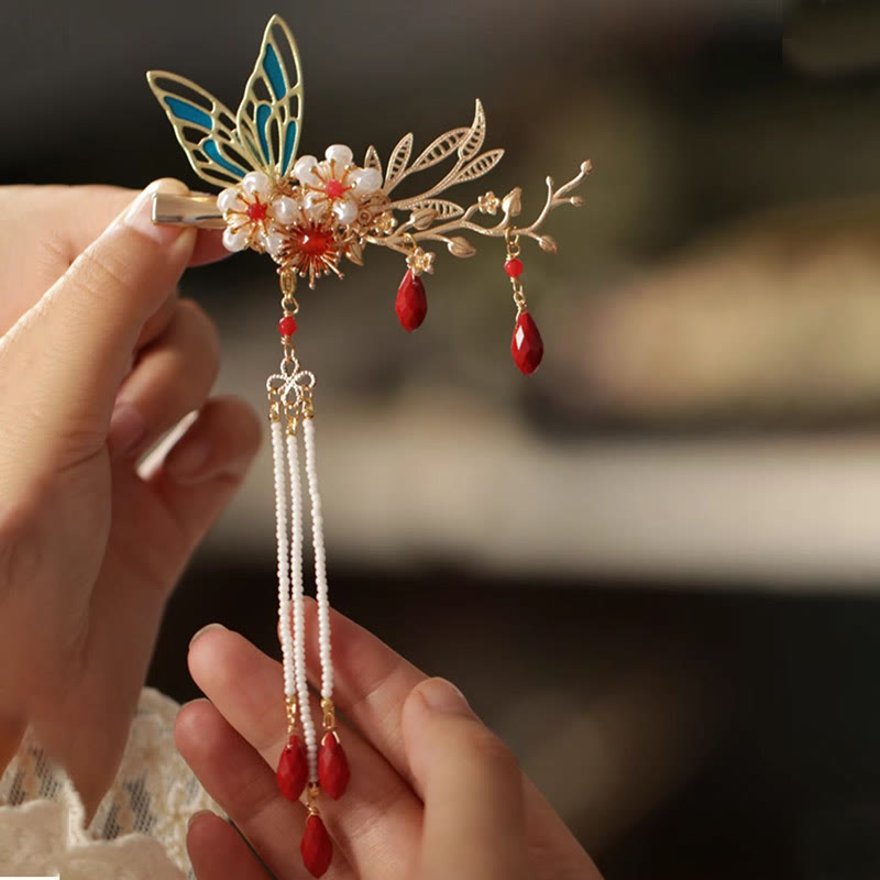 Classical Chinese Style Flower Branche Butterfly Pearl Tassel Hair Clip Hair Comb Hair Crown - Image 24