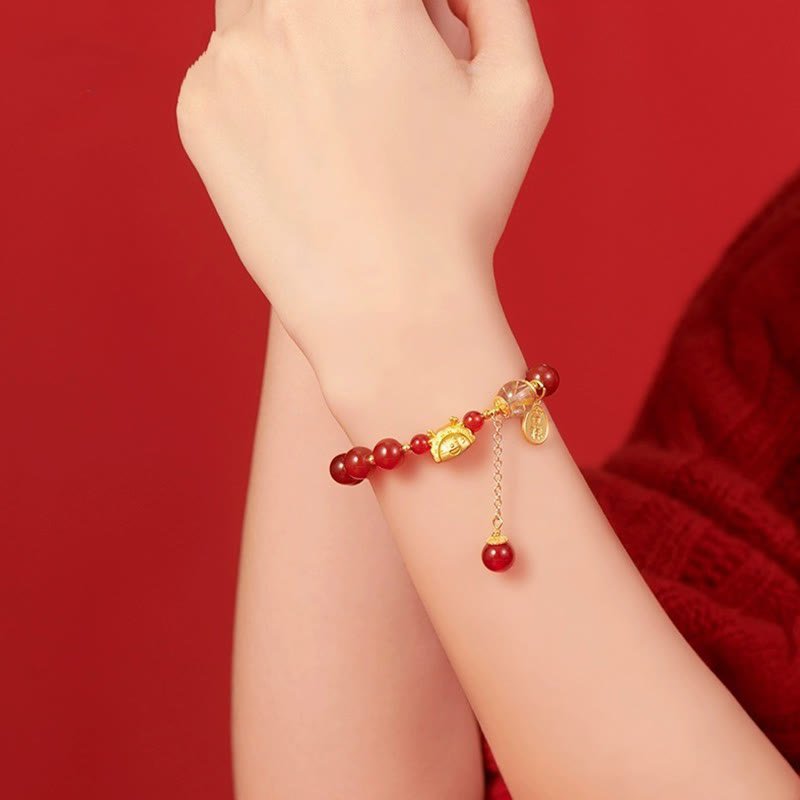 Year of the Dragon Dumpling Natural Red Agate Garnet Hetian Jade Fu Character Luck Success Bracelet - Image 7