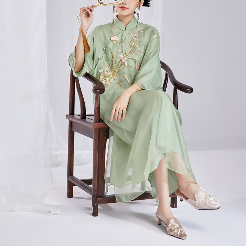 100% Mulberry Silk 6 Momme Dress Vintage Flower Butterfly Embroidery Qipao Dress Women's Cheongsam Dress - Image 14