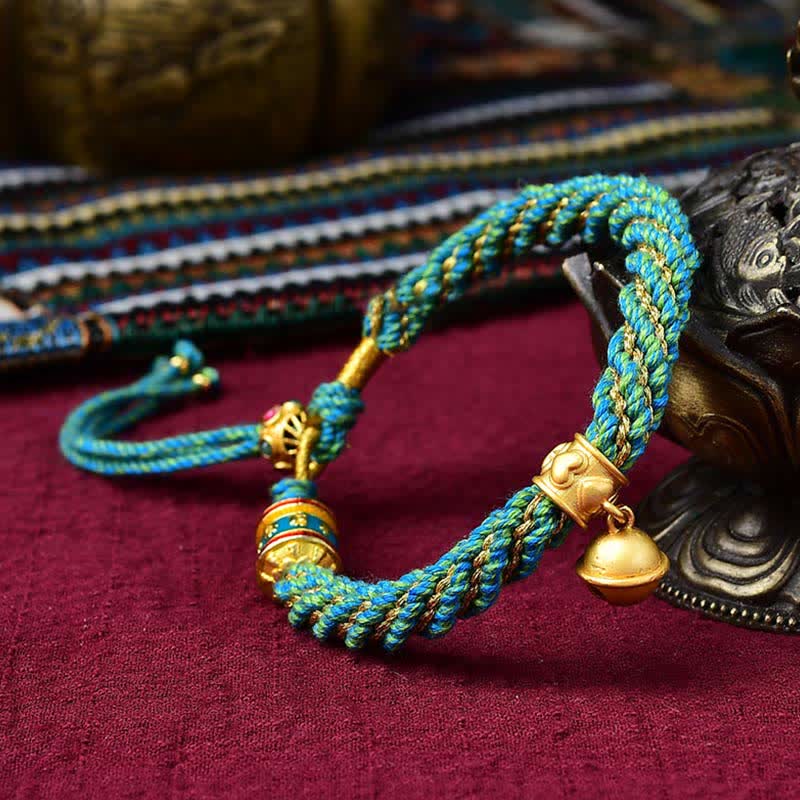 Tibetan Handmade Luck Protection Thangka Prayer Wheel Bell Charm Braid String Bracelet - Image 10