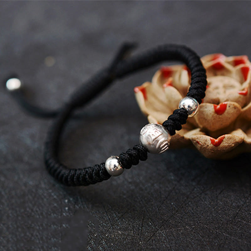 999 Sterling Silver Om Mani Padme Hum Copper Coin Luck Strength String Couple Bracelet - Image 9