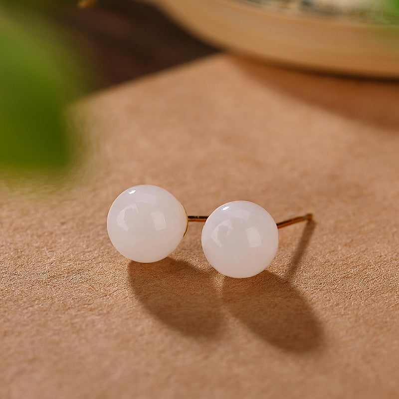 925 Sterling Silver Round White Jade Blessing Stud Earrings - Image 9