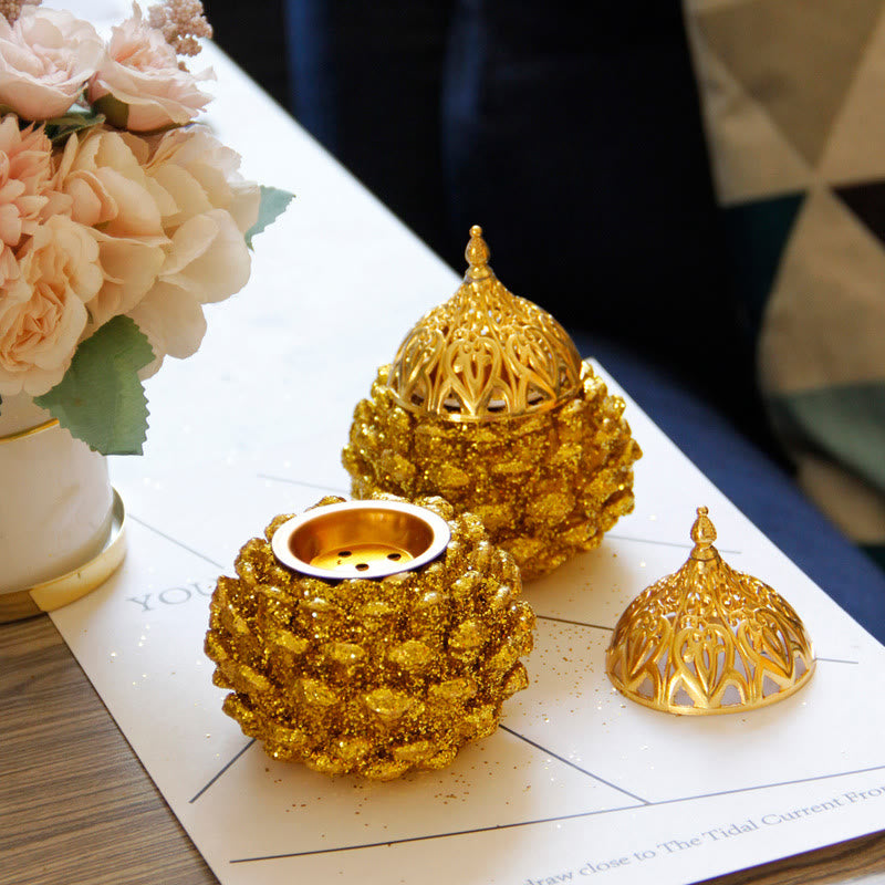 Gold Pine Cone Pattern Spiritual Rituals Mini Incense Burner Home Tabletop Decor - Image 5