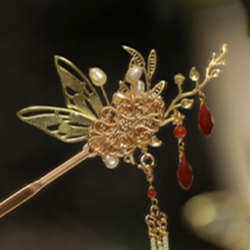 Classical Chinese Style Flower Branche Butterfly Pearl Tassel Hair Clip Hair Comb Hair Crown - Image 7