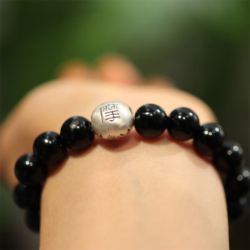925 Sterling Silver Black Onyx Bead Character Engraved Protection Bracelet - Image 3