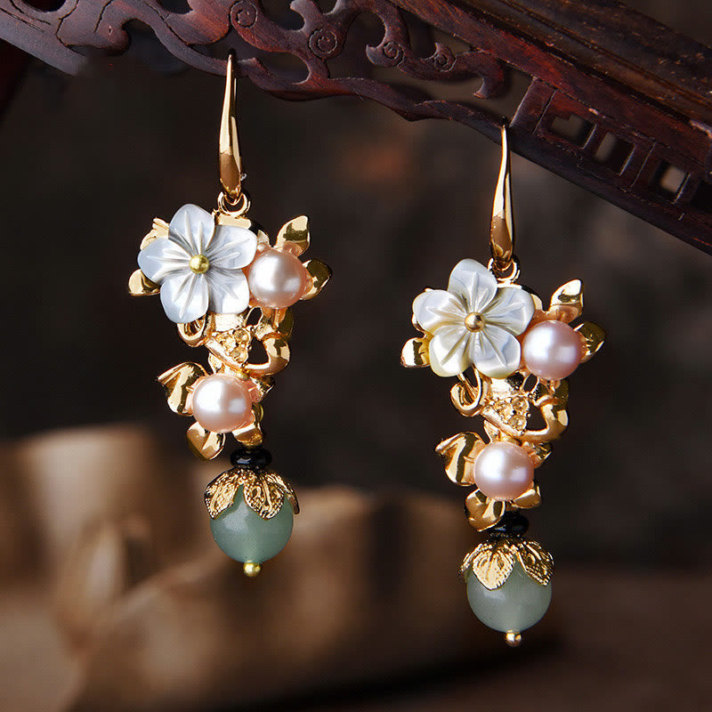 14K Gold Plated Tridacna Stone Flower Pearl Green Aventurine Bead Drop Earrings