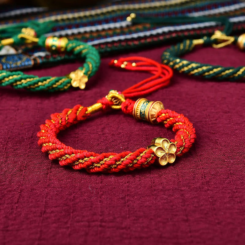 Tibet Handmade Five God Of Wealth Luck Thangka Amulet Prayer Wheel Flower Charm Weave String Bracelet - Image 14