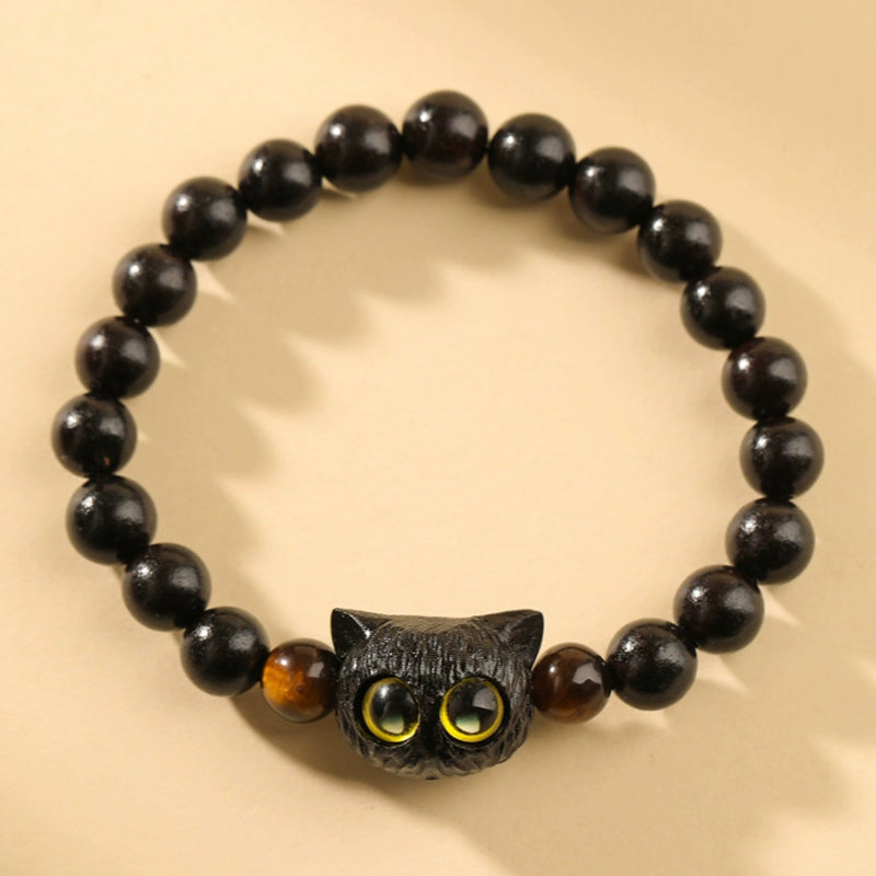 Cute Ebony Wood Cat Head Pattern Peace Bracelet