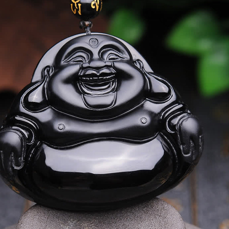 Laughing Buddha Black Obsidian Transformation Pendant Necklace