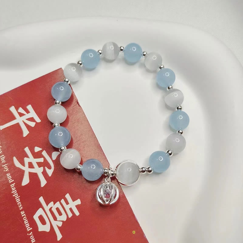 925 Sterling Silver Cat's Eye Aquamarine Support Charm Bracelet - Image 8
