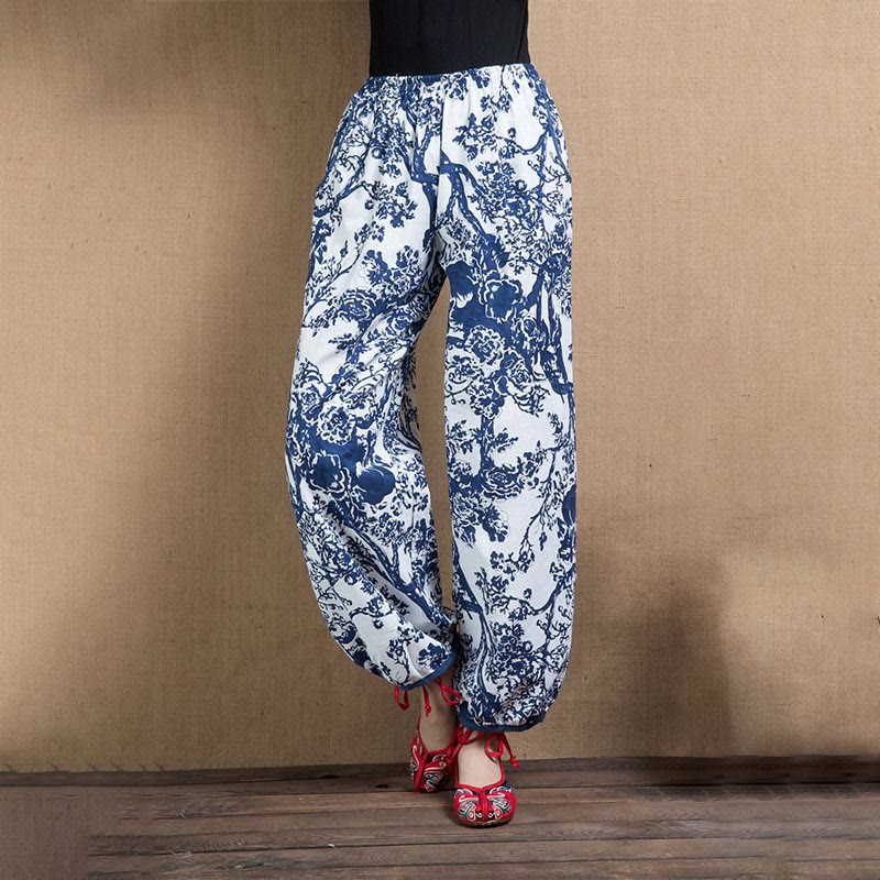 Blue Tree Flowers Print Harem Pants With Pockets
