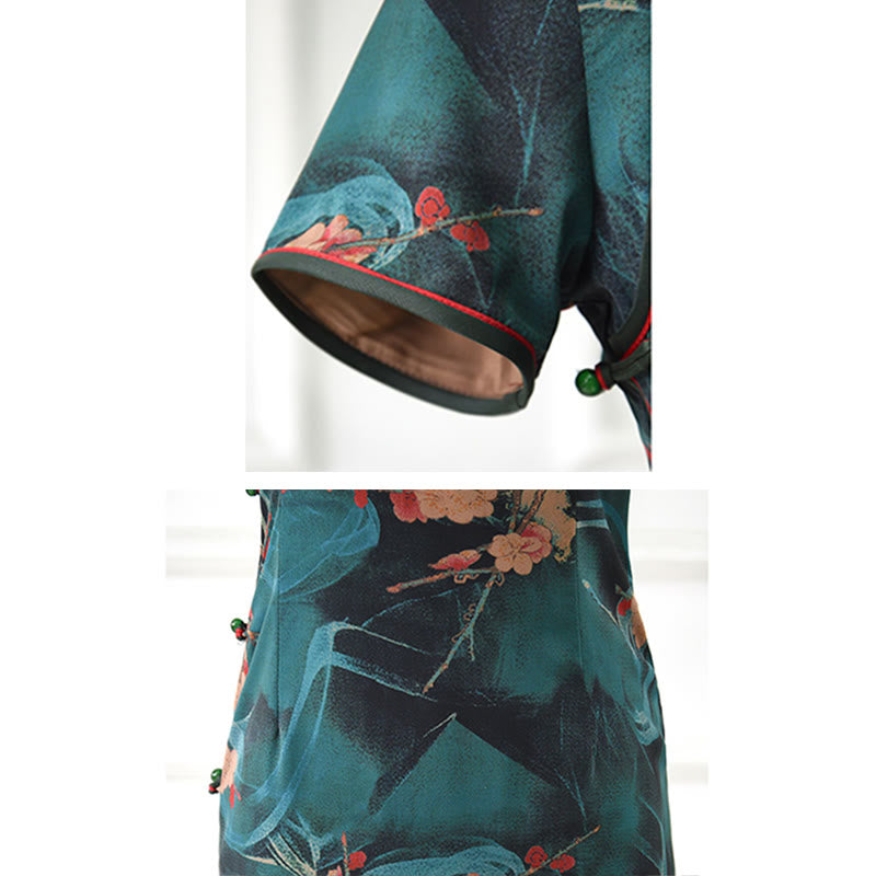 Vintage Pink Flowers Print Cheongsam Dress Women's Qipao Dress - Image 10