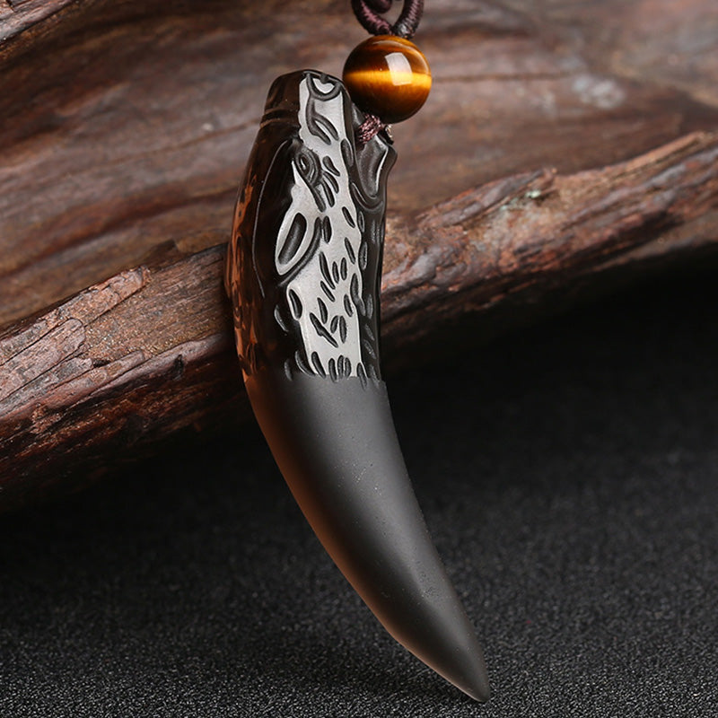 Natural Ice Obsidian Wolf Tooth Pattern Courage Necklace Pendant - Image 7