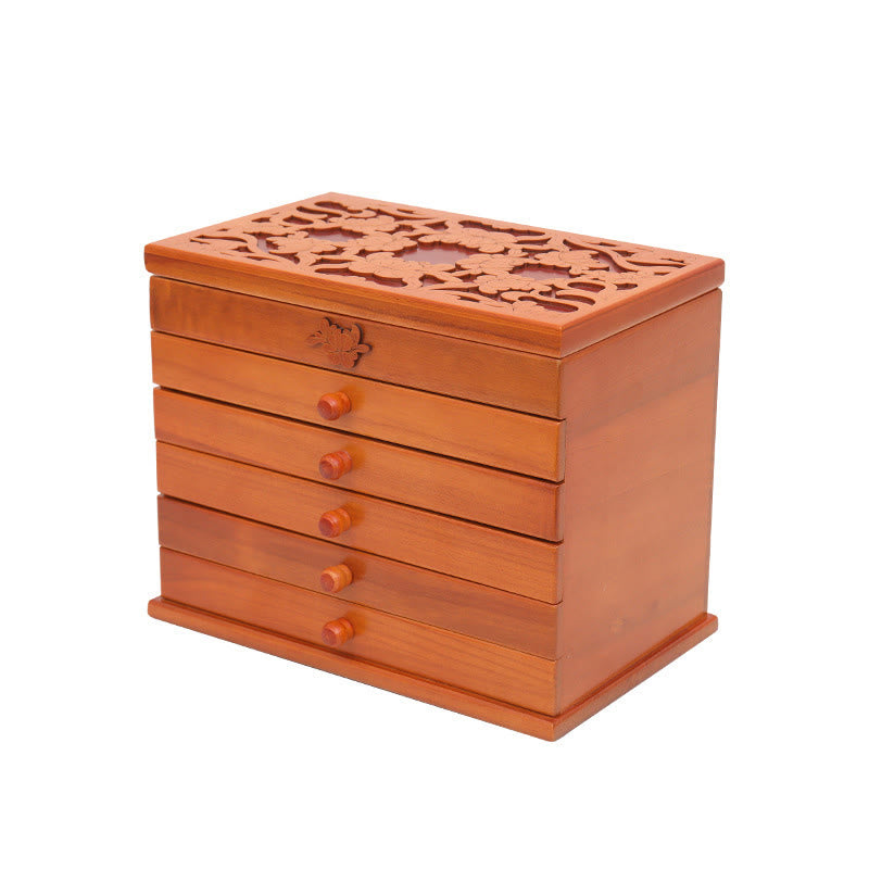 Large Capacity Vintage Flowers Carved Wooden Jewelry Box Six-Layer Jewelry Storage Box - Image 12