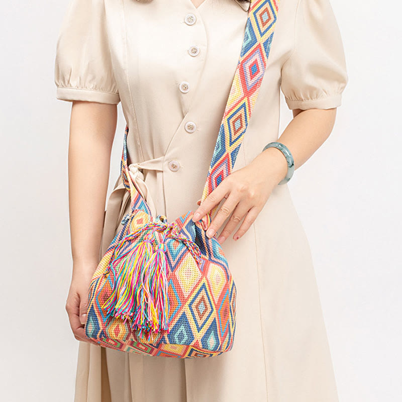 Colorful Geometry Flowers Print Canvas Bucket Crossbody Bag Shoulder Bag - Image 7