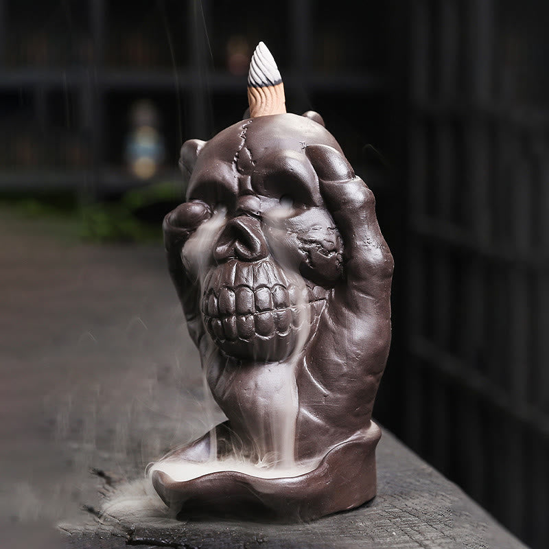 Halloween Skull With Ghost Hand Purple Clay Spiritual Incense Burner Decoration - Image 4