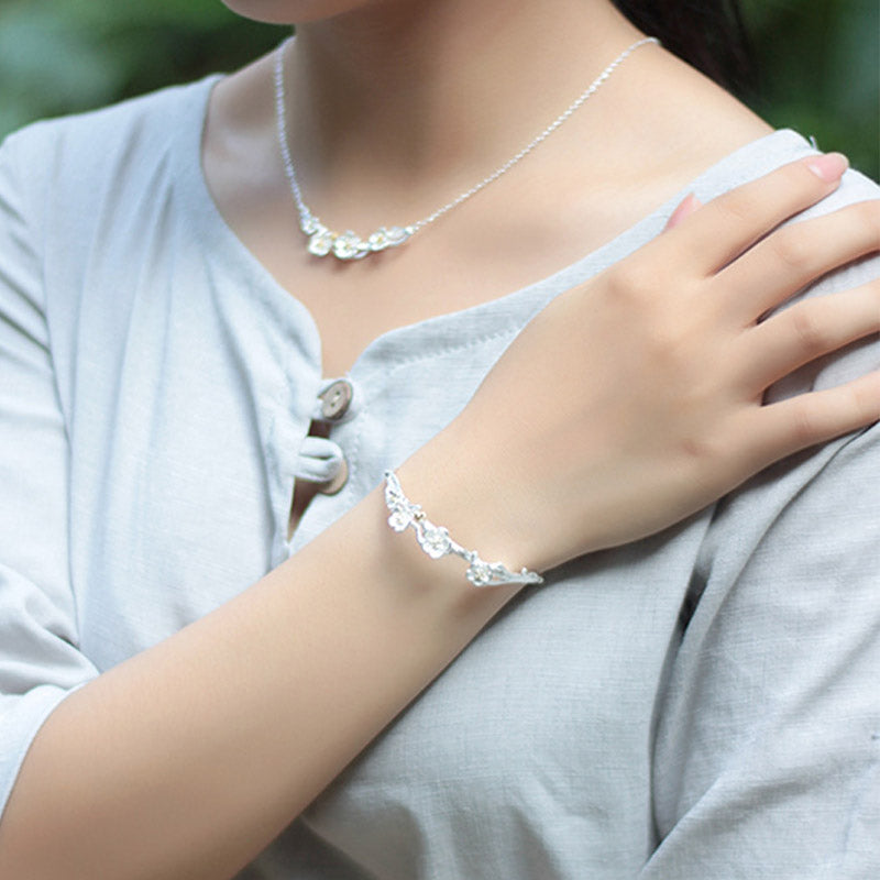 925 Sterling Silver Plum Flower Blessing Bracelet Adjustable Bangle - Image 11