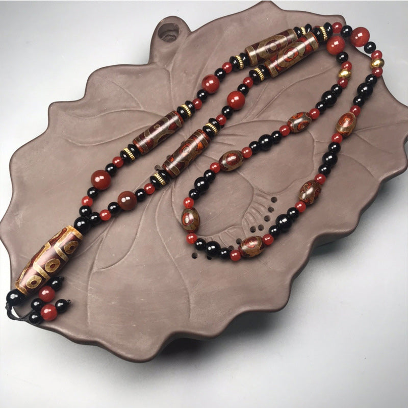 Nine-Eye Dzi Bead Red Agate Wealth Health Necklace