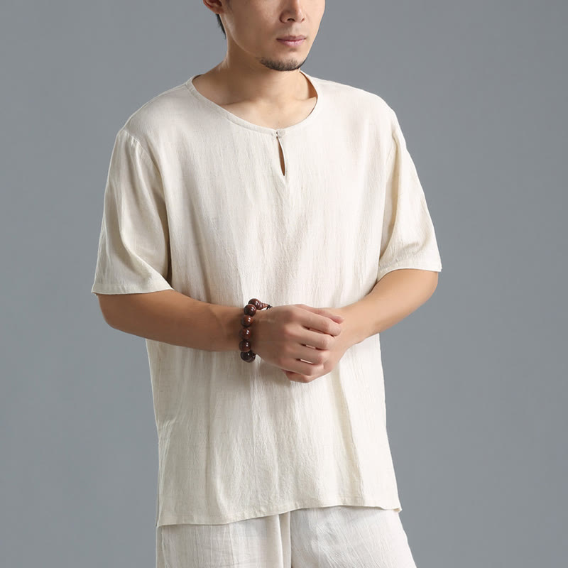Men's Solid Color Round Neck Short Sleeve Cotton Linen Shirt - Image 13