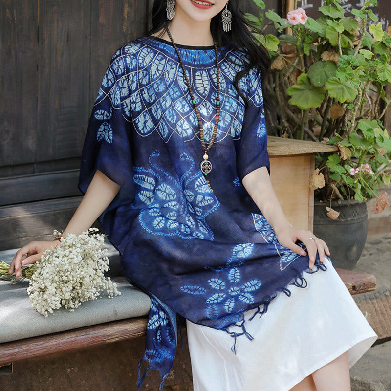Blue Butterfly Batik Shawl Tassels Cozy Travel Pullover 90*95cm - Image 7