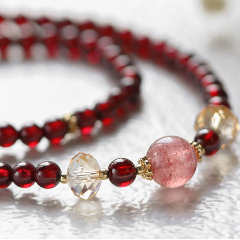 14K Gold Plated Natural Garnet Strawberry Quartz Stability Double Wrap Bracelet - Image 7