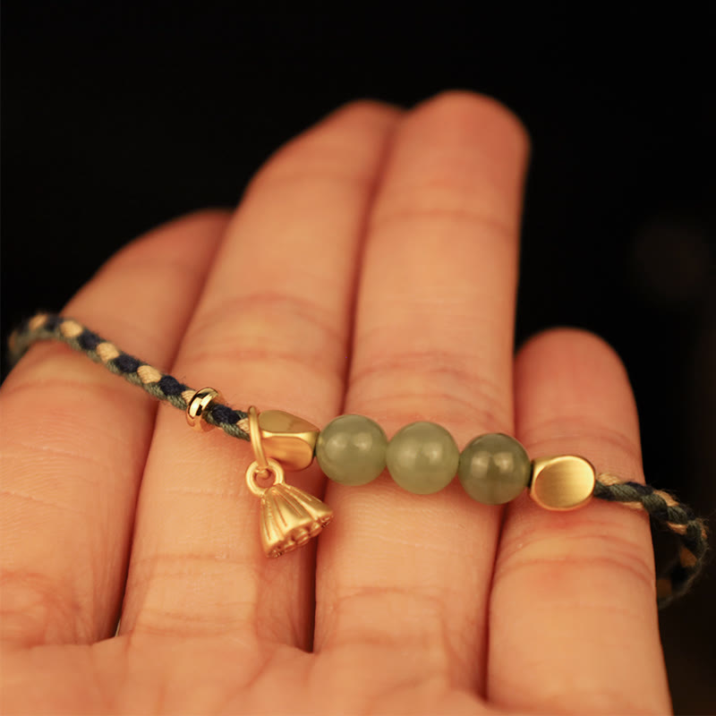 Handcrafted Hetian Jade Lotus Charm Luck Braided Bracelet - Image 6