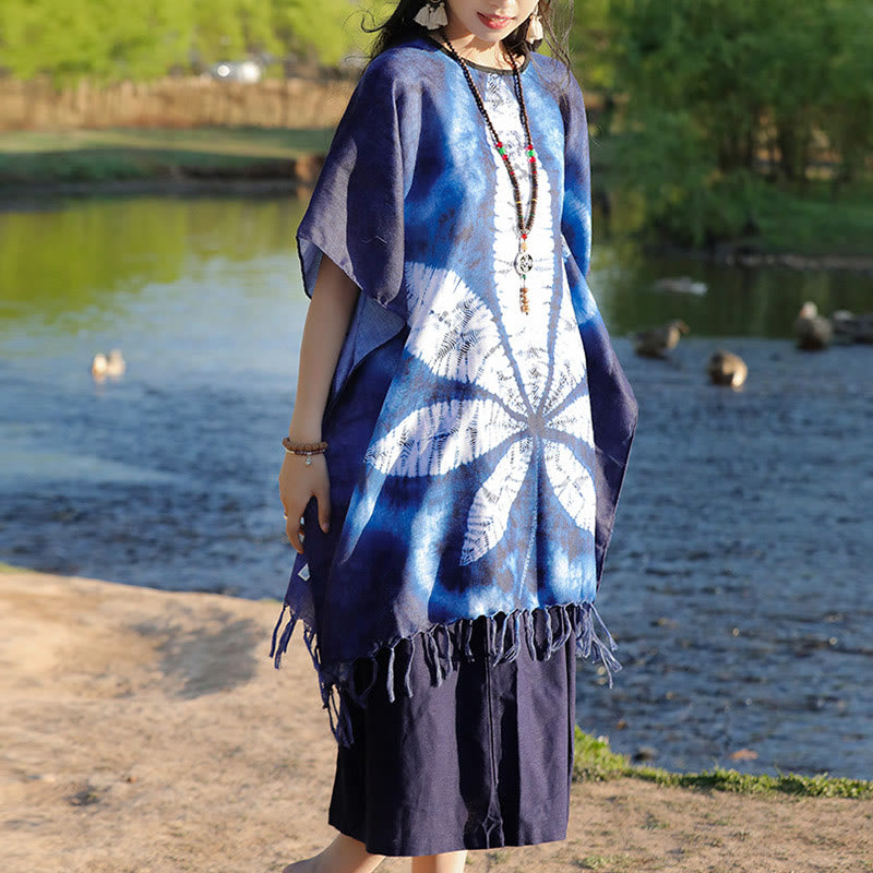 Blue Batik Shawl Tassels Maple Leaf Cozy Travel Pullover 95*90cm - Image 8