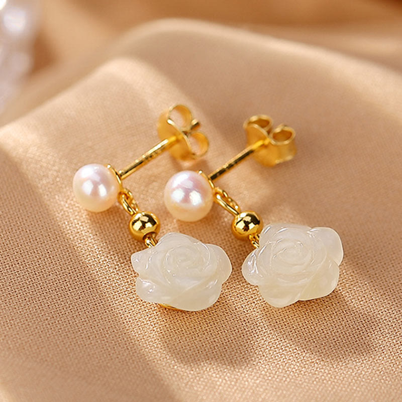 925 Sterling Silver Plated Gold Jade Rose Flower Cyan Jade Pearl Luck Earrings - Image 5