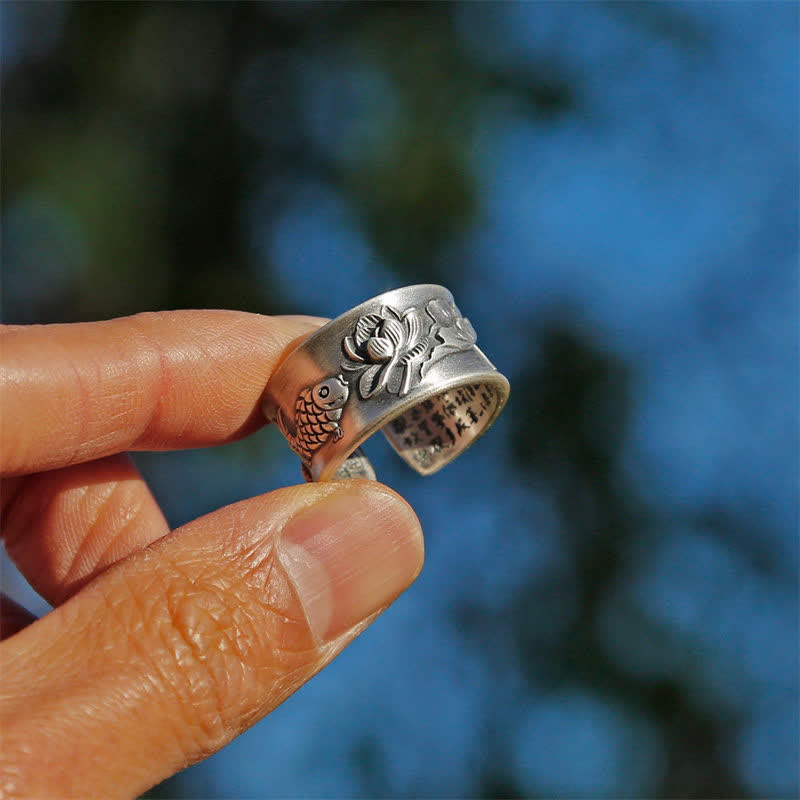 999 Sterling Silver Luck Koi Fish Lotus Heart Sutra Wealth Ring - Image 4