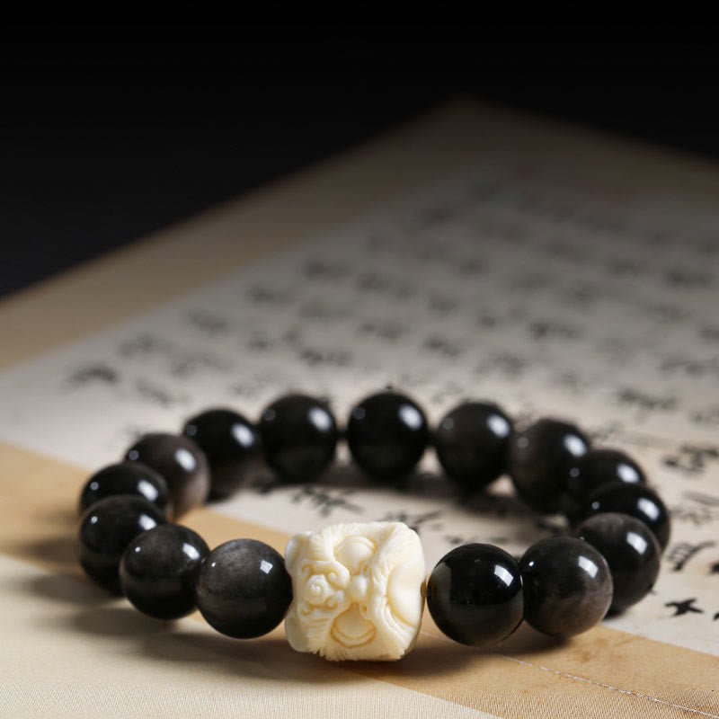 Silver Sheen Obsidian Bodhi Seed Ivory Fruit Dancing Lion Protection Bracelet