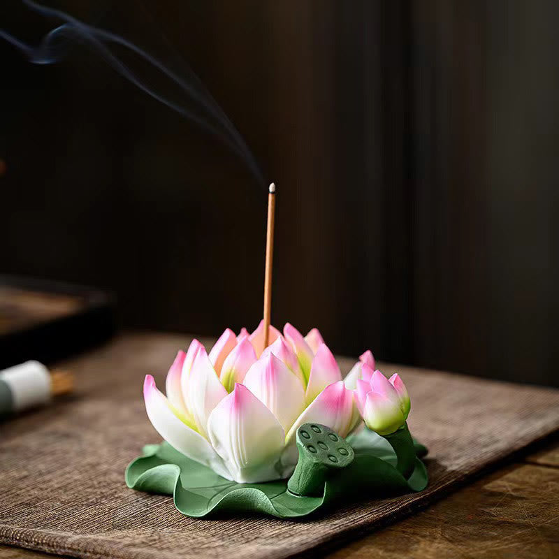Lotus Flower Leaf Pod Spiritual Healing Ceramic Stick Incense Burner Decoration